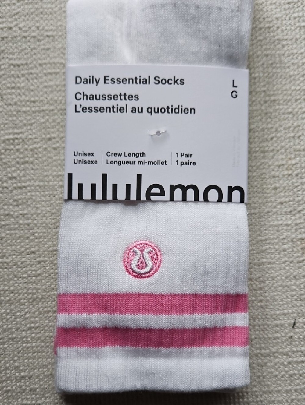 lululemon athletica White Crew Socks with Pink Stripe and Logo - Picture 2 of 9
